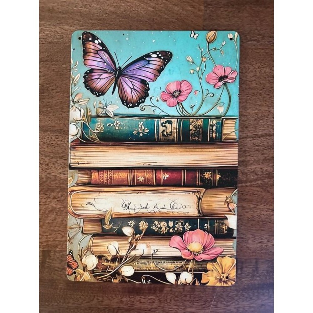 Vintage Style Stack of Books & Butterfly Metal Sign 12x8 – Wall